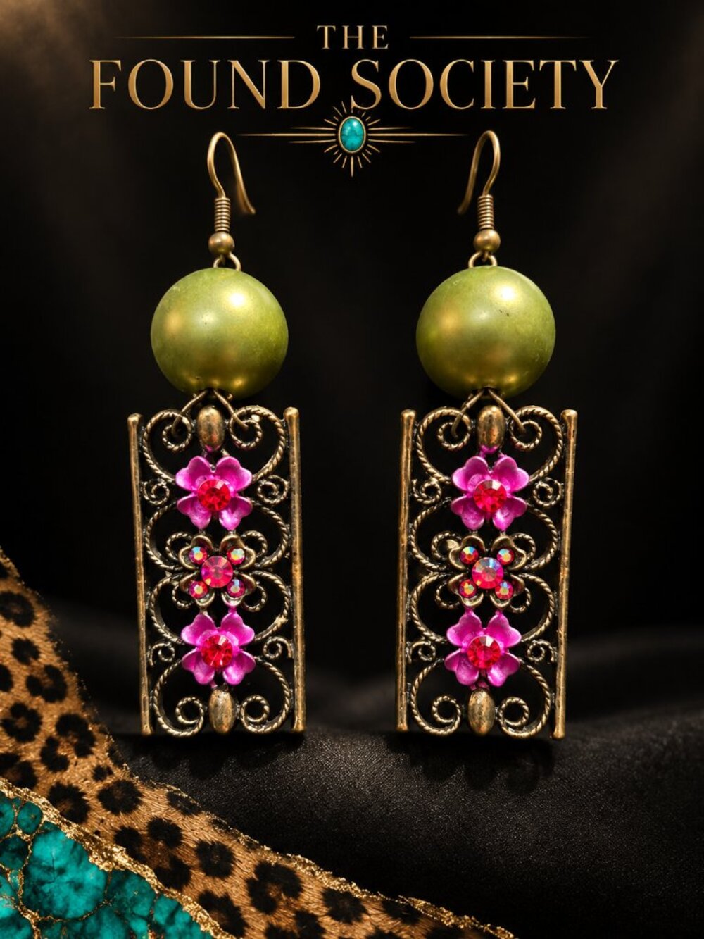 Boho Statement Dangle Earrings Olive Green Pink Floral Rhinestone Filigree